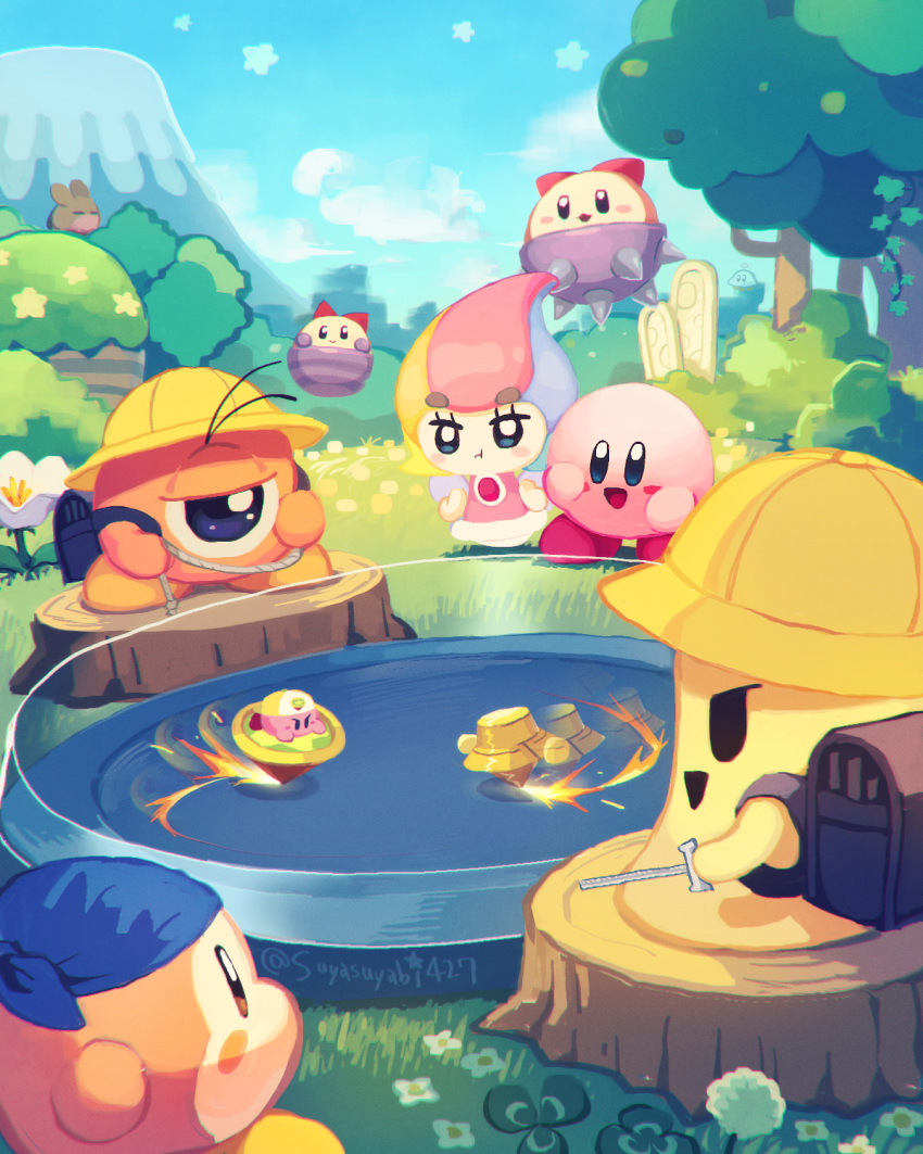 1girl backpack bag bandana bandana_waddle_dee blue_bandana blue_sky blush_stickers cappy_(kirby) disembodied_limb elline_(kirby) fairy fairy_wings flower grass highres kirby kirby_(series) multicolored_hair one-eyed polof pout sky spinning_top star_(sky) star_(symbol) suyasuyabi tree tree_stump twister_(kirby) waddle_doo white_flower wings yellow_headwear