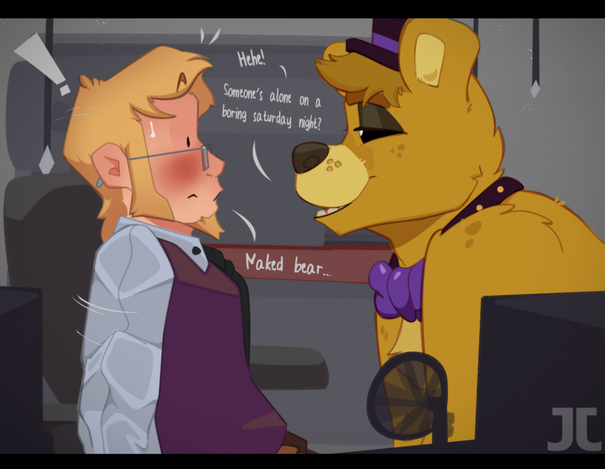 absurd_res anthro bear black_eyes blonde_hair blush clothing dialogue duo english_text eyewear five_nights_at_freddy's fur glasses golden_freddy_(fnaf) hair hat headgear headwear hi_res human jumpy_jackal looking_at_another male mammal necktie scottgames text yellow_body yellow_fur