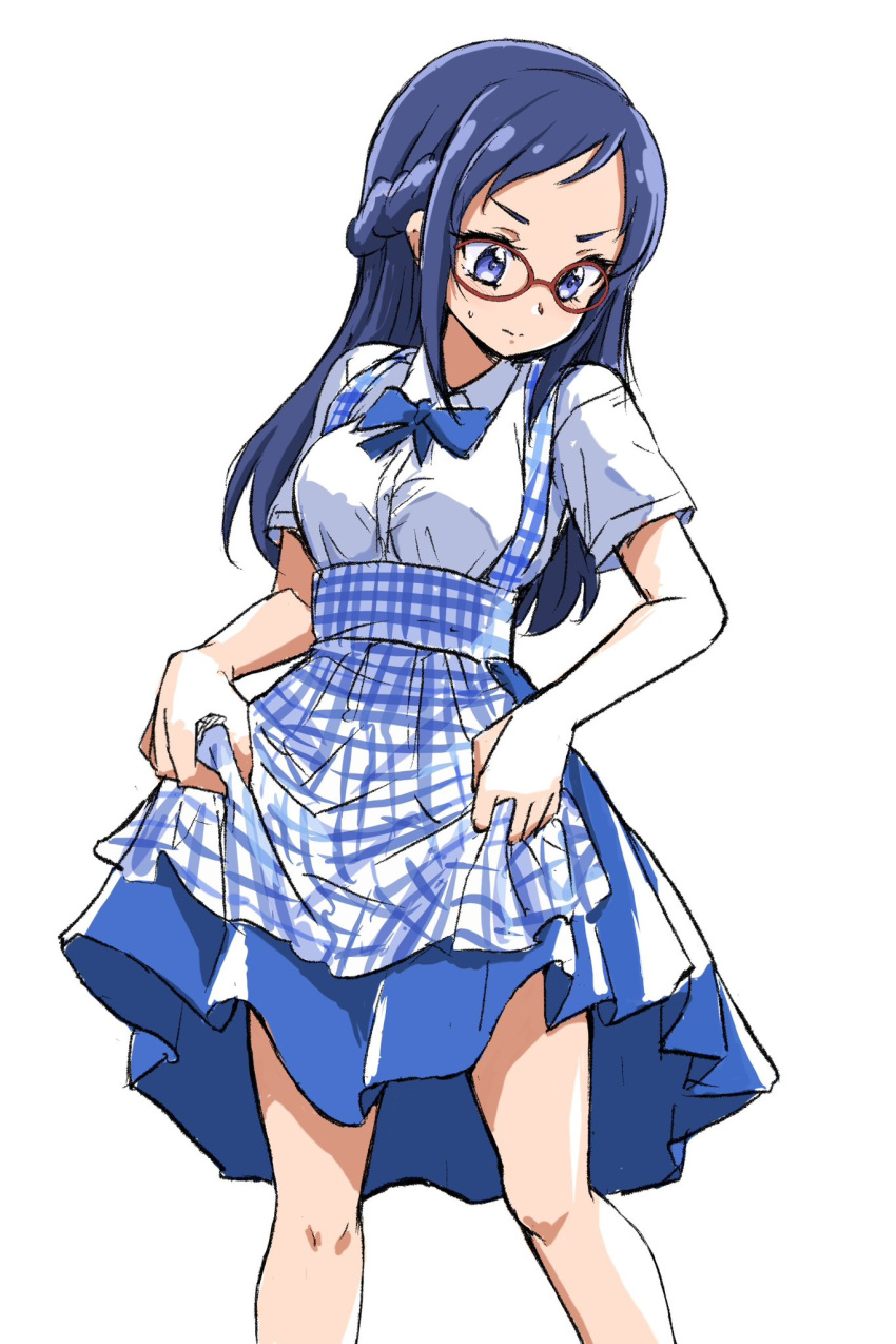 1girl alternate_costume apron blue_apron blue_bow blue_bowtie blue_eyes blue_hair blue_skirt blush bow bowtie braid bread breasts checkered_apron checkered_clothes dokidoki!_precure employee_uniform food gingham gingham_apron gingham_skirt high-waist_skirt highres hishikawa_rikka kobeya_uniform long_hair medium_breasts plaid plaid_apron pleated_shirt precure red-framed_eyewear shirt skirt solo tongs underbust uniform uraki waitress white_shirt