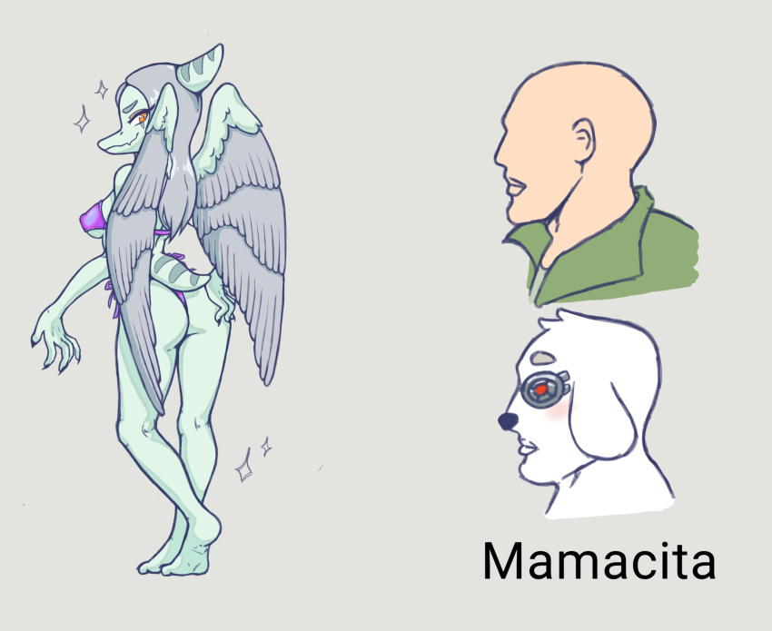 2023 3huntle0 amber_eyes anon_(snoot_game) anthro bald bikini blush breasts bubble_butt butt canid canine canis chad_(meme) claws clothed clothing curvy_figure dialogue digital_drawing_(artwork) digital_media_(artwork) dinosaur displayps55 domestic_dog eyelashes fang_(gvh) feathered_wings feathers feet female fingers fur goodbye_volcano_high grey_background grey_body grey_scales group hair hand_on_butt hand_on_own_butt hi_res human light-skinned_male light_body light_skin long_hair looking_back male mammal meme nipple_outline pterodactylus pterosaur purple_bikini purple_clothing purple_swimwear reptile scales scalie short_tail side-tie_bikini silver_hair simple_background skimpy skimpy_bikini smile snoot_game snout spanish_text string_bikini swimwear tail text toe_claws toes translation_check translation_request trio under_boob white_body white_fur wings yes_chad