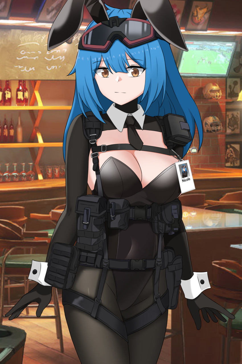 1girl absurdres animal_ears bar_(place) beer_bottle black_gloves black_leotard black_necktie black_pantyhose blue_hair breasts closed_mouth covered_navel fake_animal_ears gloves goggles goggles_on_head highres indoors large_breasts leotard long_hair looking_at_viewer military msa_major necktie nicole_(msa_major) original pantyhose playboy_bunny rabbit_ears revision solo table tactical_playboy_bunny wrist_cuffs yellow_eyes