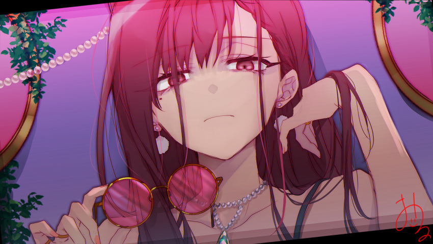 1girl black_tank_top closed_mouth earrings expressionless holding holding_removed_eyewear jewelry kao_ru05 kashiki_yuno leaf looking_at_viewer looking_down milgram mole mole_under_eye necklace pearl_necklace pink_nails red_eyes red_hair ring signature solo tank_top unworn_eyewear