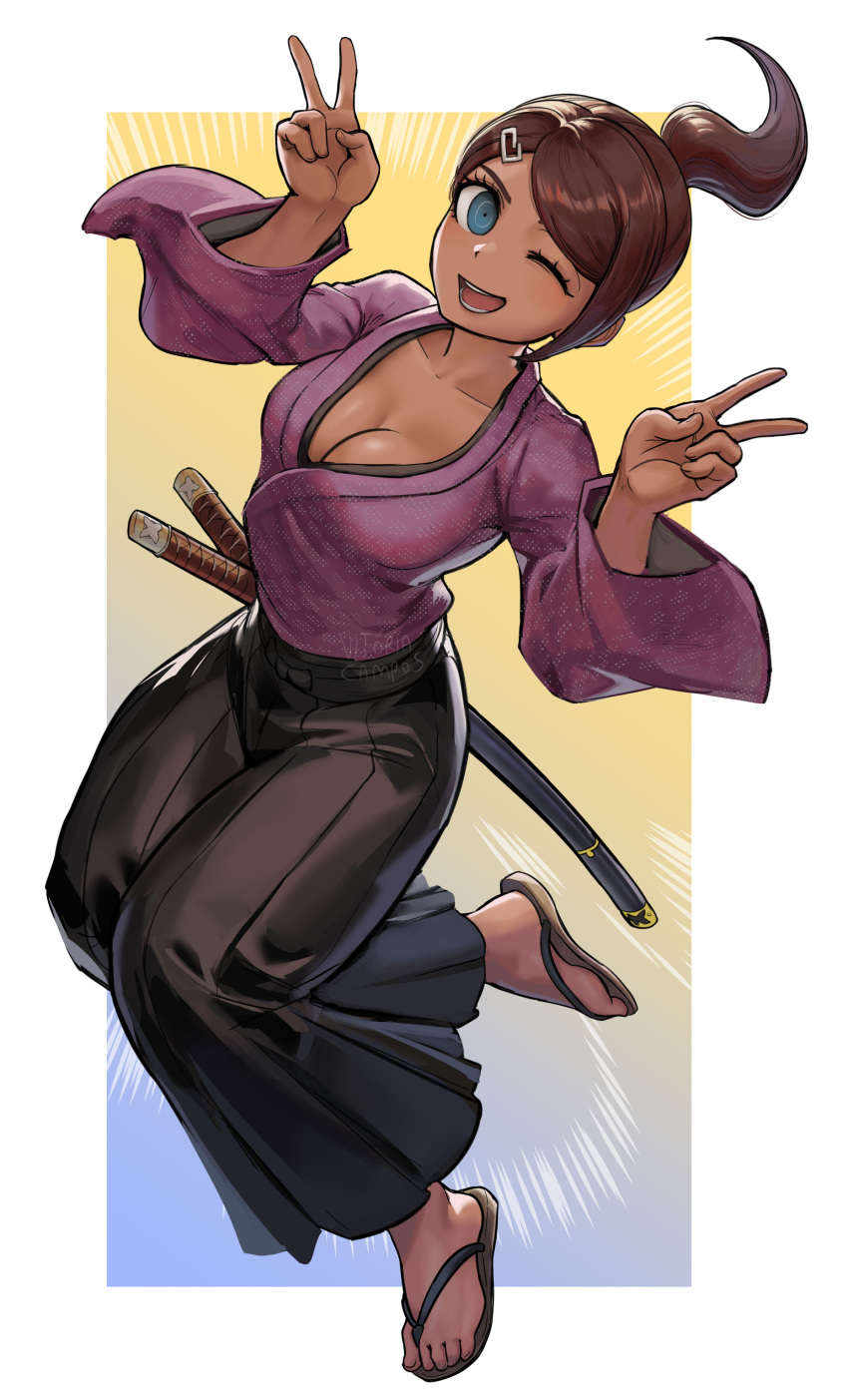 1girl ;d absurdres alternate_costume asahina_aoi blue_eyes breasts brown_hair cleavage collarbone danganronpa:_trigger_happy_havoc danganronpa_(series) dark-skinned_female dark_skin double_v hair_ornament hairclip highres japanese_clothes katana kimono large_breasts one_eye_closed open_mouth ponytail sandals shiny_skin short_hair smile solo sword teeth v vitoriacampos weapon wide_sleeves