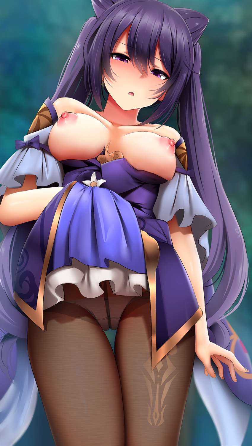 1girl bare_shoulders black_pantyhose blush breasts cameltoe clothes_lift cone_hair_bun crotch_seam detached_sleeves dress from_below genshin_impact ginhaha hair_between_eyes hair_bun hair_ears hair_ornament highres keqing_(genshin_impact) lifted_by_self long_hair looking_at_viewer medium_breasts nipples nose_blush open_mouth panties panties_under_pantyhose pantyhose purple_dress purple_eyes purple_hair skirt skirt_lift solo standing thigh_gap thighs twintails underwear