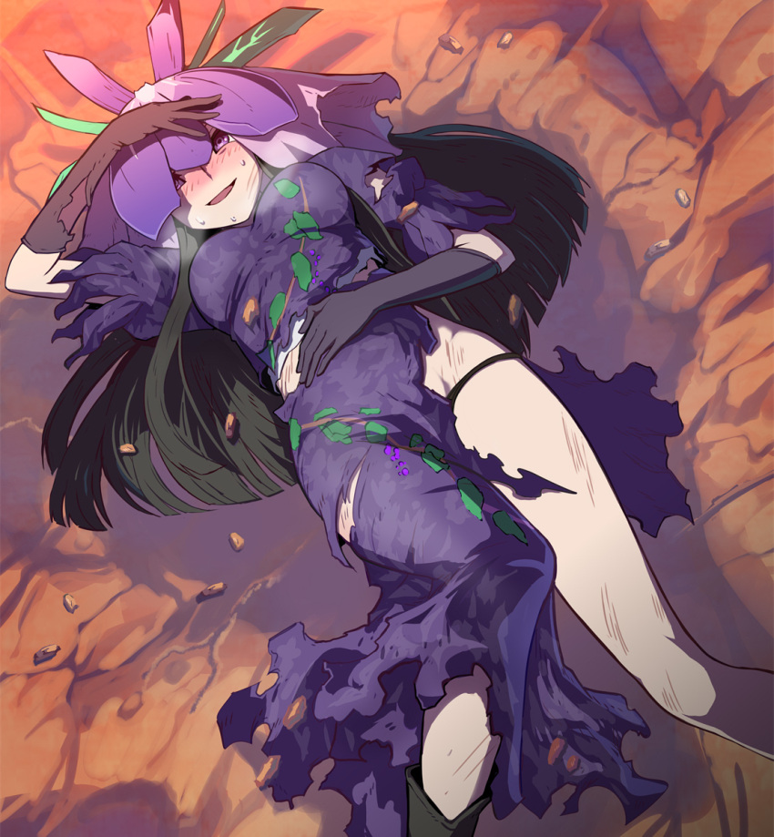 1girl black_hair blush defeat dress dutch_angle elbow_gloves flower flower_on_head gloves highres hisami_nanami leaf_print long_hair lying orchid puffy_short_sleeves puffy_sleeves purple_dress purple_eyes short_sleeves solo syope torn_clothes touhou unfinished_dream_of_all_living_ghost