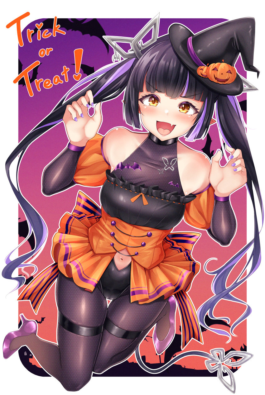 1girl absurdres alternate_costume bat_(animal) bat_ornament black_hair black_headwear black_leotard black_pantyhose blunt_bangs blush border breasts clothing_cutout commentary_request corset demon_girl demon_horns demon_tail detached_sleeves fang fingernails fishnet_pantyhose fishnet_sleeves fishnets full_body gradient_background halloween halloween_costume hat high_heels highres horn_ornament horns jack-o'-lantern_hat_ornament jumping kojo_anna leotard long_hair looking_at_viewer medium_bangs medium_breasts microskirt multicolored_hair nanashi_inc. navel navel_cutout open_mouth orange_background orange_corset orange_skirt orange_sleeves outline outside_border pantyhose pleated_skirt pointy_ears puffy_detached_sleeves puffy_short_sleeves puffy_sleeves purple_background purple_footwear purple_hair purple_nails robou_no_stone short_sleeves skin_fang skirt smile solo tail twintails two-tone_hair virtual_youtuber white_border white_outline witch_hat yellow_eyes