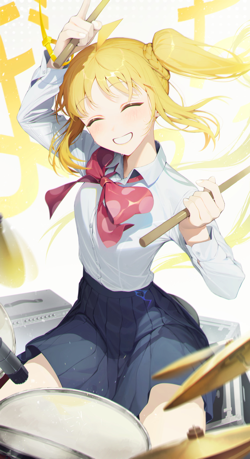 1girl ^_^ absurdres ahoge amplifier arm_up blonde_hair blush bocchi_the_rock! bow bowtie braid cable_tie closed_eyes collared_shirt commentary detached_ahoge drum drum_set drumsticks facing_viewer grin hand_up hands_up highres holding holding_drumsticks ijichi_nijika instrument long_hair mincho music playing_instrument pleated_skirt polka_dot_bowtie red_bow red_bowtie school_uniform shimokitazawa_high_school_uniform shirt shirt_tucked_in side_ponytail sitting skirt smile solo sweat white_shirt