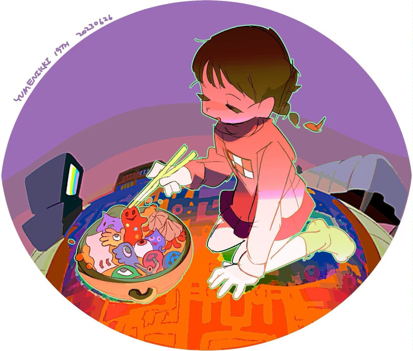 1girl anniversary arm_support bed bookshelf border braid brown_hair character_request chinese_commentary chopsticks circular_border closed_eyes commentary_request copyright_name creature dated eyeball fisheye green_outline green_socks highres holding holding_chopsticks indoors ittan_momen jellyfish_(yume_nikki) kyukkyu-kun long_hair long_sleeves madotsuki nabe on_floor outline pink_sweater print_sweater purple_background red_skirt round_image rug sitting skirt socks solo sweater television wariza wheelie_(yume_nikki) white_border yume_nikki yylp_(pingnpingn)