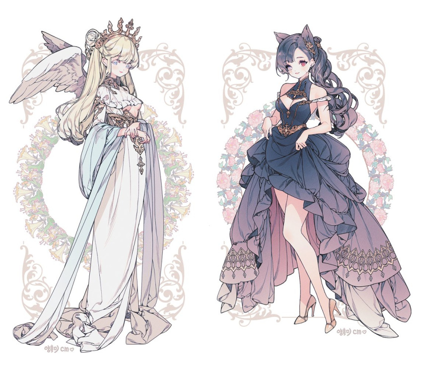 2girls angel_wings animal_ears asymmetrical_hair bare_legs bare_shoulders black_dress black_hair blonde_hair blue_eyes breasts cat_ears cleavage cleavage_cutout clothes_lift clothing_cutout dress dress_lift drill_hair embroidery fashion frilled_dress frills full_body grey_eyes hair_ornament heterochromia high_heels lemon89h looking_at_viewer medium_breasts multiple_girls original own_hands_together parted_bangs red_eyes scar small_breasts standing stole tiara twintails wavy_hair white_dress wings yellow_footwear