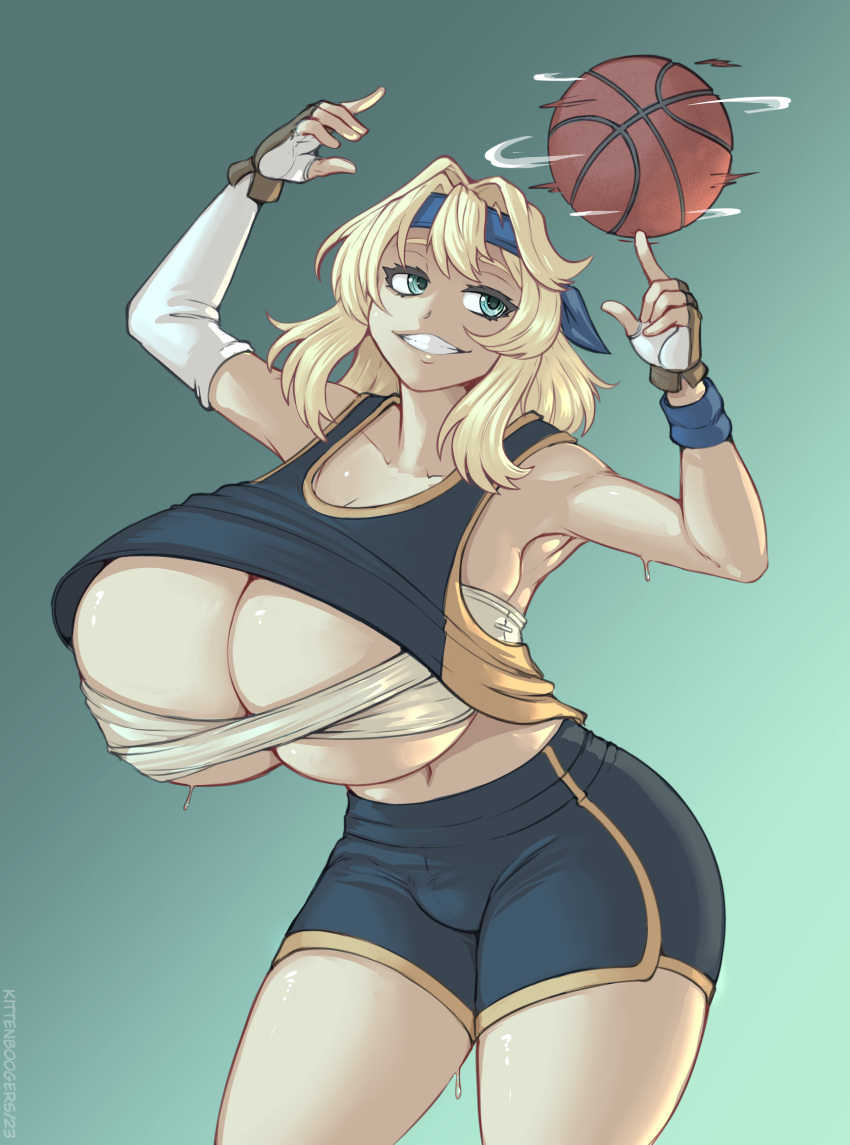 1girl armpits asymmetrical_gloves ball basketball basketball_jersey basketball_uniform black_gloves black_shorts blonde_hair breasts bridget_(guilty_gear) budget_sarashi curvy elbow_gloves fingerless_gloves genderswap genderswap_(mtf) gloves green_background green_eyes grin guilty_gear guilty_gear_strive highres holding holding_ball huge_breasts kittenboogers looking_to_the_side medium_hair navel plump sarashi shorts simple_background smile sportswear sweatband two-tone_gloves white_gloves