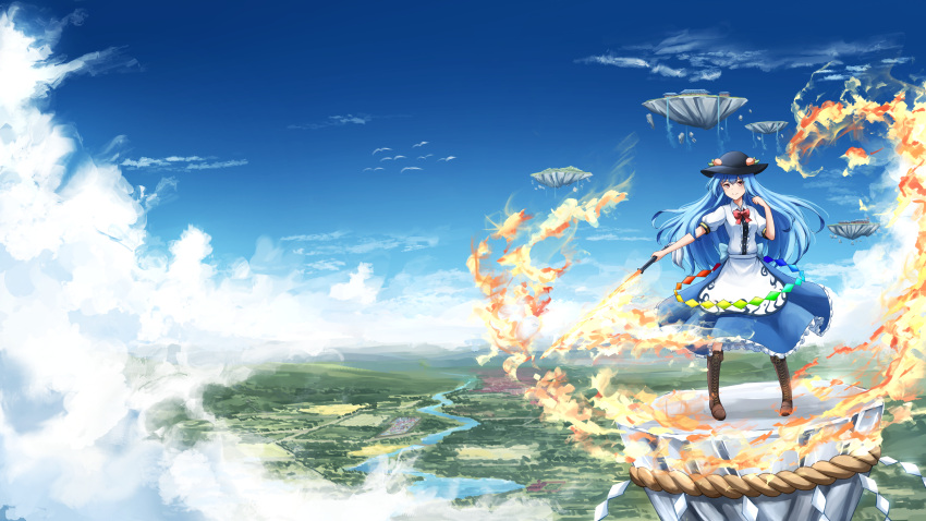 1girl absurdres black_headwear blue_hair blue_skirt blue_sky boots bow bowtie brown_footwear center_frills closed_mouth cloud commentary commission english_commentary food frills fruit full_body gensokyo highres hinanawi_tenshi holding holding_sword holding_weapon keystone kuneamorai leaf long_hair mountain outdoors peach red_bow red_bowtie red_eyes riverbank rope scenery shimenawa skirt sky smile standing sword sword_of_hisou touhou weapon