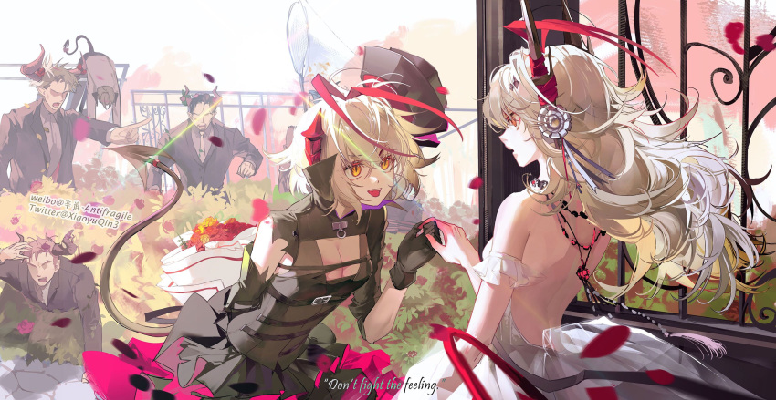 2girls 5boys :d arknights asymmetrical_gloves backless_dress backless_outfit black_dress black_gloves black_headwear bouquet breasts brown_hair butterfly_net character_request cleavage commentary_request dress elbow_gloves english_text faceless faceless_female flower gloves grey_hair hair_between_eyes hand_grab hand_net highres horns ikag medium_breasts multiple_boys multiple_girls orange_eyes petals pointing red_flower red_rose rose single_elbow_glove single_sleeve smile tail tilted_headwear w_(arknights) white_dress yellow_flower yellow_rose