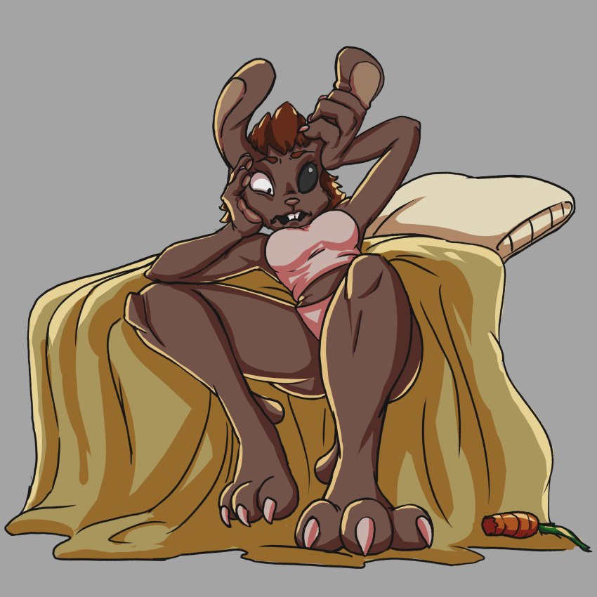 1:1 2022 absurd_res bed black_sclera breasts buckteeth clothing female furniture hi_res lagomorph leporid mammal on_bed pawpads pillow quiteunusual rabbit simple_background solo teeth transformation underwear