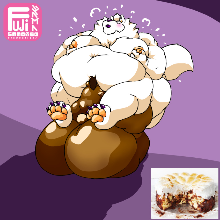 anthro bakers_royale barazoku bear belly between_thighs big_belly big_butt bodily_fluids brown_body brown_fur brown_hair butt canid canine canis carrying cel_shading cinna_(megacoolbear) digital_media_(artwork) domestic_dog duo english_text fluffy fluffy_tail fujiyama_kenhaku fujiyama_samoyed_(artist) fur hair huge_butt hyper hyper_belly hyper_butt male male/male mammal nipples nordic_sled_dog obese obese_anthro obese_male on_shoulders oral overweight overweight_anthro overweight_male samoyed shaded simple_background spitz sweat tail text thick_thighs white_body white_fur yellow_nipples