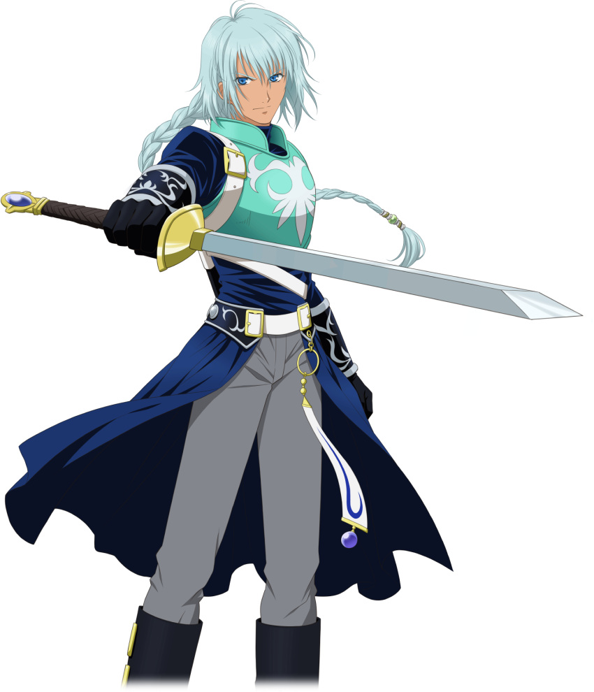 1boy aqua_hair armor black_gloves blue_eyes boots braid english_commentary feet_out_of_frame gloves grey_pants highres holding holding_sword holding_weapon long_hair male_focus official_art pants sword tales_of_(series) tales_of_asteria tales_of_rebirth transparent_background veigue_lungberg weapon