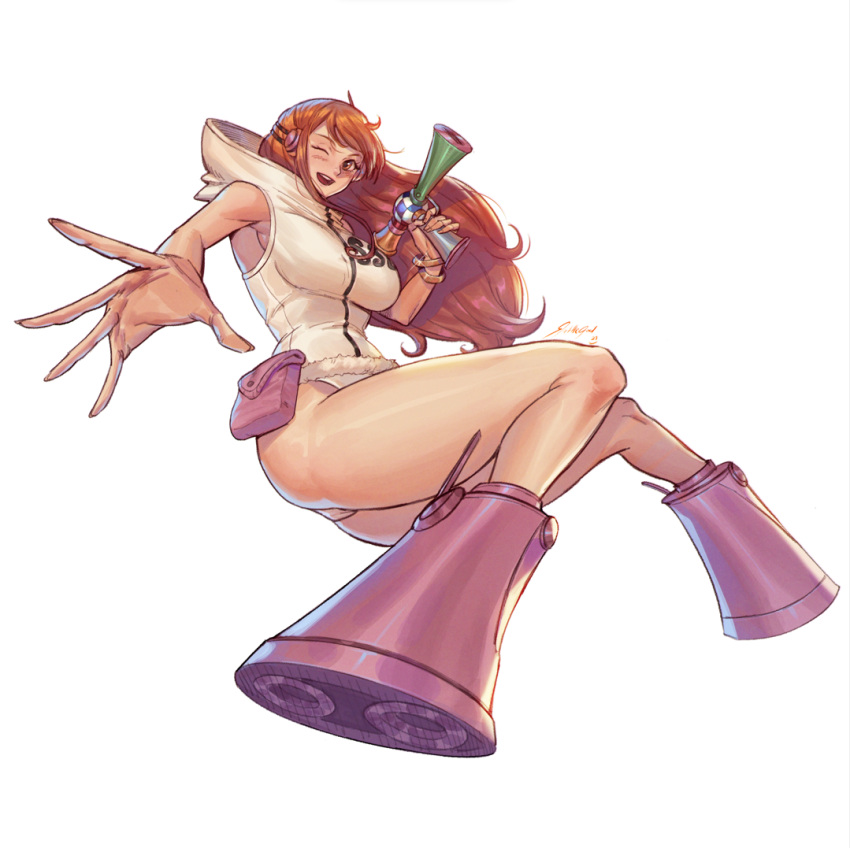 1girl armpit_crease bare_shoulders belt_bag boots bracelet breasts commentary dynamic_pose floating_hair full_body gun headphones holding holding_gun holding_weapon hooded_leotard jewelry knee_boots large_breasts leotard light_blush long_hair looking_at_viewer nami_(one_piece) official_alternate_costume one_eye_closed one_piece open_mouth orange_eyes orange_hair outstretched_hand pink_bag pink_footwear rattlepool science_fiction signature solo teeth thighs upper_teeth_only weapon white_background white_leotard