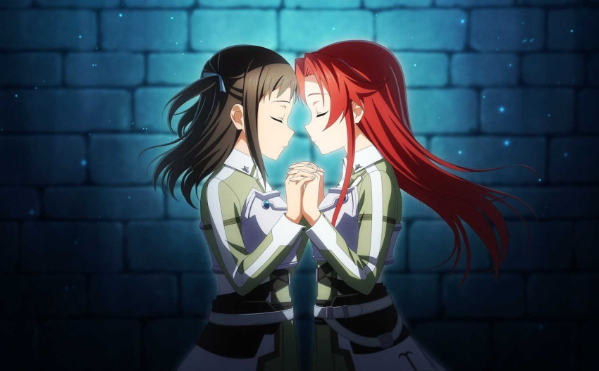 2girls against_wall blue_ribbon brown_hair closed_eyes closed_mouth floating_hair from_side green_shirt hair_ribbon holding_hands interlocked_fingers long_hair long_sleeves multiple_girls profile red_hair ribbon ronye_arabel shirt standing stone_wall straight_hair sword_art_online tiese_schtrinen underbust wall wing_collar