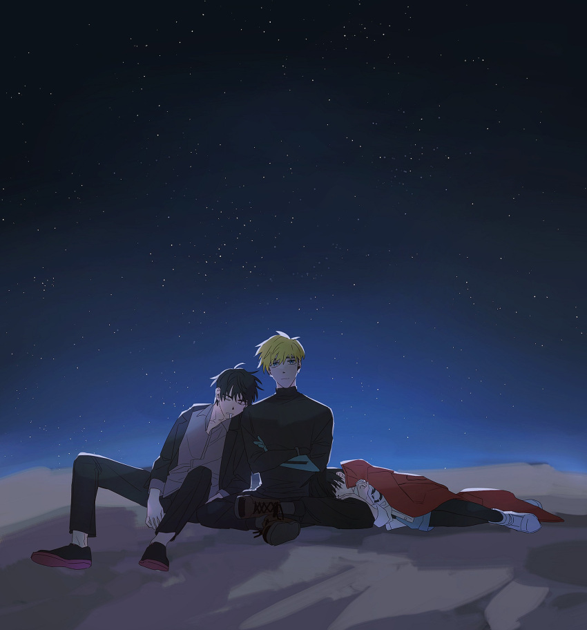 1girl 2boys blonde_hair closed_eyes coat hair_between_eyes highres meryl_stryfe multiple_boys nicholas_d._wolfwood night night_sky prosthesis prosthetic_arm red_coat saliva sand short_hair sky sleeping star_(sky) starry_sky starsky_ks trigun trigun_stampede vash_the_stampede white_footwear