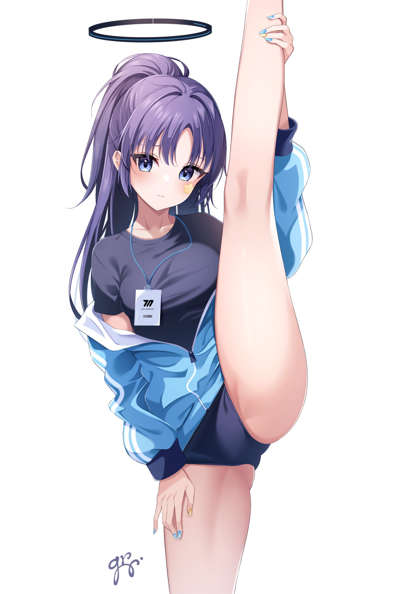 1girl absurdres black_shirt blue_archive blue_buruma blue_eyes blue_jacket blue_nails buruma commentary_request guri_(gri1211) gym_shirt gym_uniform highres id_card jacket jacket_partially_removed lanyard leg_lift leg_up long_hair nail_polish official_alternate_costume parted_bangs partially_unzipped purple_hair shirt signature simple_background solo split standing standing_on_one_leg standing_split star_sticker sticker_on_face white_background yellow_nails yuuka_(blue_archive) yuuka_(track)_(blue_archive)