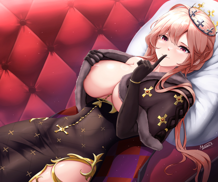 1girl absurdres areola_slip argyle_cape azur_lane black_cape black_dress black_gloves breasts brown_hair cape cape_lift cleavage clemenceau_(azur_lane) couch covered_navel cross crown dress elbow_gloves english_commentary fur_trim gloves hair_between_eyes highres hip_vent index_finger_raised large_breasts long_dress long_hair looking_at_viewer lying musanix on_back on_couch parted_lips pillow red_eyes shadow sidelocks signature single_bare_shoulder smile solo teasing tight_clothes tight_dress two-sided_cape two-sided_fabric two-tone_cape wristlet
