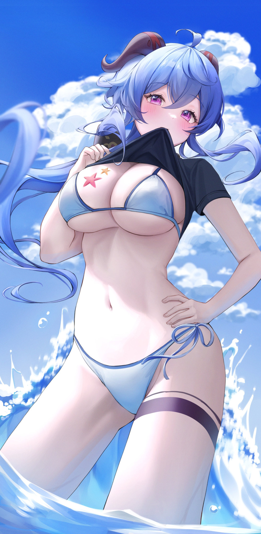 1girl absurdres ahoge alternate_costume bikini black_shirt blue_hair blue_sky blush breasts cleavage clothes_in_mouth clothes_lift cloud cloudy_sky commentary cowboy_shot day floating_hair ganyu_(genshin_impact) genshin_impact goat_horns hair_between_eyes hand_on_own_hip highres horns iro_(iro_252_) large_breasts lifted_by_self light_blue_hair long_hair looking_at_viewer low_ponytail mouth_hold navel outdoors purple_eyes shirt shirt_in_mouth shirt_lift short_sleeves side-tie_bikini_bottom sidelocks sky solo standing starfish stomach string_bikini swimsuit symbol-only_commentary thigh_strap wading waves white_bikini