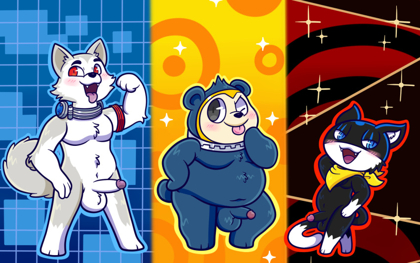 anthro atlus balls bear canid canine canis domestic_cat domestic_dog felid feline felis genitals group koromaru male mammal megami_tensei megami_tensei_persona moobs morgana_(persona) overweight overweight_male penis sega shiba_inu sinribbons size_difference skinny skinny_male smaller_male spitz teddie_(persona) trio