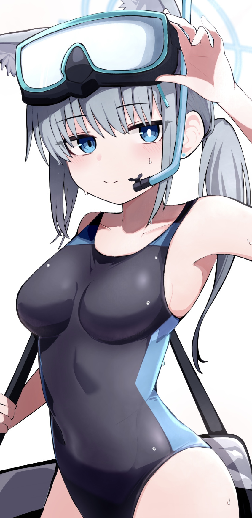1girl animal_ear_fluff animal_ears bag black_one-piece_swimsuit blue_archive blue_eyes breasts competition_swimsuit covered_navel cowboy_shot cross_hair_ornament diving_mask diving_mask_on_head extra_ears goggles goggles_on_head grey_hair hair_ornament halo highres low_ponytail medium_breasts medium_hair mismatched_pupils multicolored_clothes multicolored_swimsuit official_alternate_costume one-piece_swimsuit shiroko_(blue_archive) shiroko_(swimsuit)_(blue_archive) simple_background smile snorkel solo swimsuit white_background wolf_ears yun_(kbdenz9)