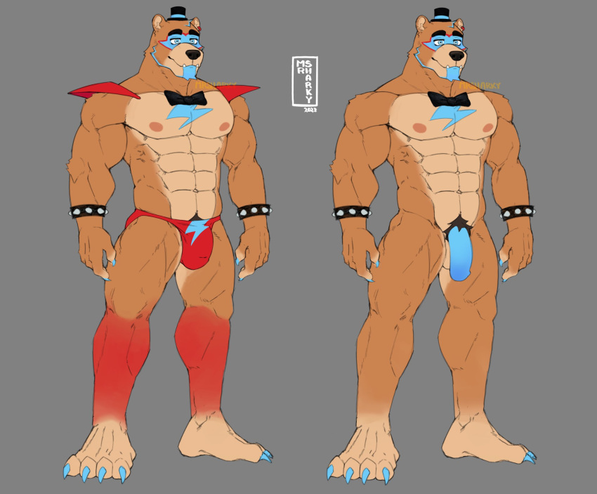 2023 4_toes abs alternate_version_at_source animatronic anthro balls barefoot bear big_penis black_bow_tie black_nose blue_eyes blue_nails blue_penis body_hair bow_tie bracelet clothed clothing colored_nails feet five_nights_at_freddy's five_nights_at_freddy's:_security_breach flaccid genitals glamrock_freddy_(fnaf) gradient_penis grey_background happy_trail hat headgear headwear hi_res humanoid_genitalia humanoid_penis jewelry machine male mammal mostly_nude mr_sharky multicolored_penis muscular muscular_anthro muscular_male nails necktie nipples nude penis pink_nipples plantigrade pubes red_clothing red_underwear robot scottgames signature simple_background skimpy solo spiked_bracelet spikes standing steel_wool_studios thong toes top_hat topwear two_tone_penis underwear watermark