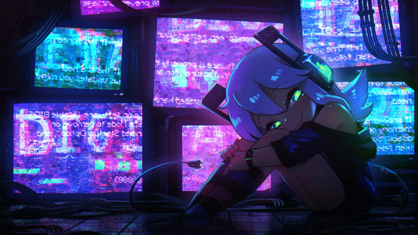 absurdres aqua_eyes bare_shoulders blue_jacket blush cable code digitan_(porforever) electric_plug facing_another floor from_side glitch headphones highres hugging_own_legs jacket kneehighs long_hair looking_at_another monitor off_shoulder original porforever power_lines robot_ears smile socks solo star-shaped_pupils star_(symbol) striped striped_socks symbol-shaped_pupils tail thighs tile_floor tiles watch white_hair wire wristwatch