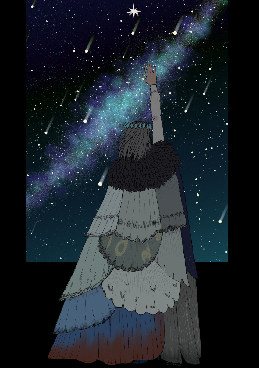 1058hoshi 1boy absurdres arm_up cloak diamond_hairband facing_away fate/grand_order fate_(series) fur-trimmed_cloak fur_trim grey_hair highres long_sleeves male_focus milky_way multicolored_cloak oberon_(fate) oberon_(third_ascension)_(fate) polaris_(star) shirt shooting_star short_hair sky solo star_(sky) starry_sky white_shirt