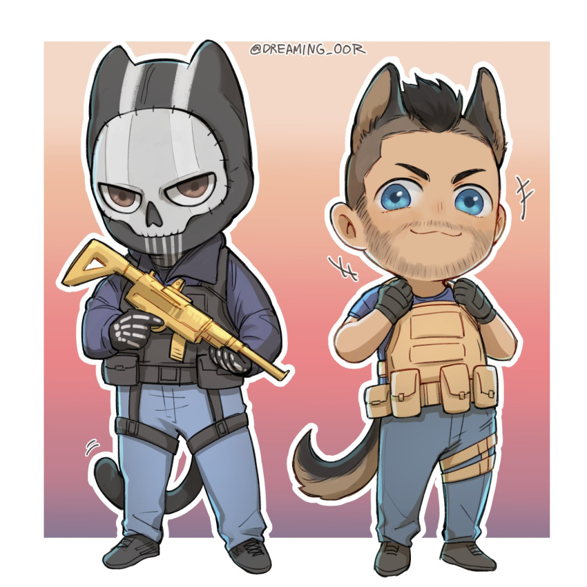 2boys animal_ears black_gloves black_hair black_jacket blue_eyes blue_pants blue_shirt bulletproof_vest call_of_duty call_of_duty:_modern_warfare_2 cat_boy cat_ears cat_tail closed_mouth dog_boy dog_ears dog_tail dreaming_oor facial_hair fingerless_gloves ghost_(modern_warfare_2) gloves gun highres holding holding_gun holding_weapon jacket male_focus mask multiple_boys pants shirt short_hair sidecut skull_mask smile soap_(modern_warfare_2) tail twitter_username weapon