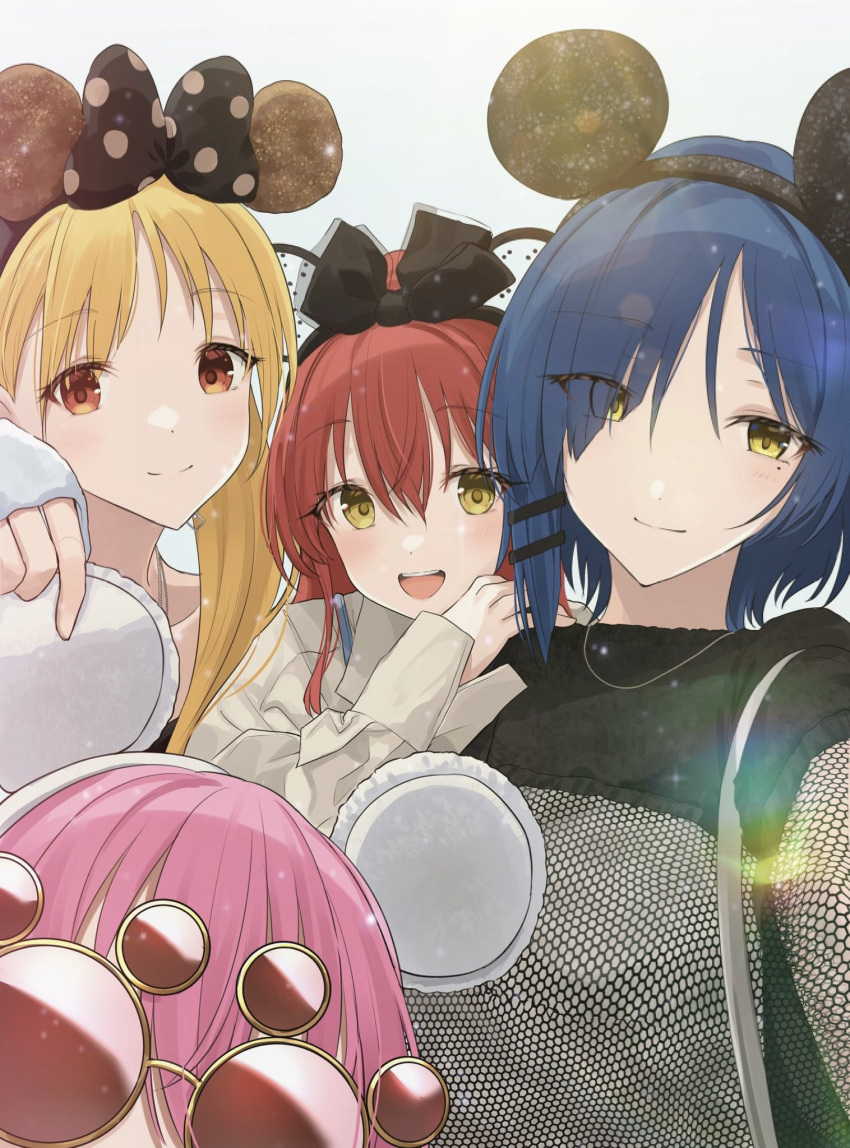 4girls :d animal_ears black_bow black_headband blonde_hair blue_hair bocchi_the_rock! bow brown_eyes closed_mouth coat disneyland eyewear_on_head fake_animal_ears gotoh_hitori green_eyes hair_bow hand_on_another's_shoulder headband highres ijichi_nijika kanaria_hisagi kita_ikuyo lens_flare light_blush long_hair looking_at_viewer medium_hair mickey_mouse_ears mole mole_under_eye mouse_ears multiple_girls open_mouth out_of_frame pink_hair polka_dot polka_dot_bow ponytail red_hair selfie smile sunglasses teeth upper_teeth_only white_background yamada_ryo yellow_eyes