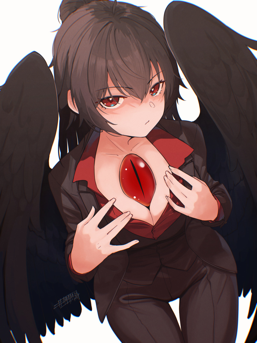 1girl absurdres alternate_costume bird_wings black_hair black_pants black_shirt black_wings closed_mouth collared_shirt feathered_wings hair_between_eyes highres long_hair looking_at_viewer pants ponytail red_eyes reiuji_utsuho senzaicha_kasukadoki shirt simple_background solo third_eye touhou white_background wings