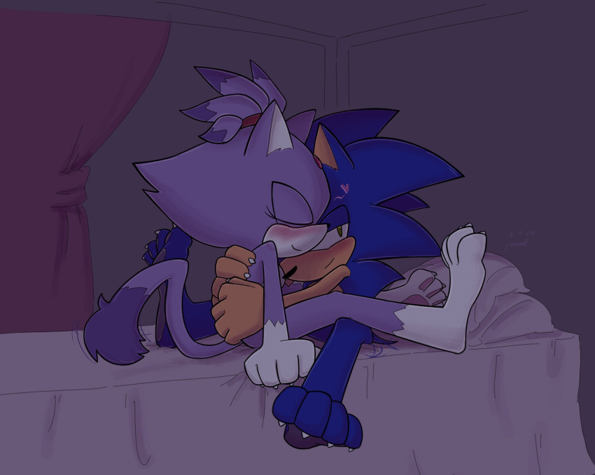 &lt;3 2023 2toastyyy anthro bed blaze_the_cat blue_body blue_fur blush blush_lines breasts curtains detailed_background domestic_cat duo embrace eulipotyphlan eyes_closed felid feline felis female fur furniture green_eyes half-closed_eyes hedgehog hi_res hindpaw hug inside male male/female mammal narrowed_eyes nude paws pillow purple_body purple_fur sega smile sonic_the_hedgehog sonic_the_hedgehog_(series) tail