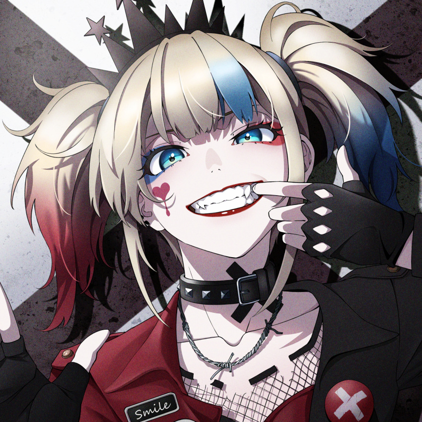 1girl beishou_yuu_(myst3ry) black_gloves blonde_hair blue_eyes collar dc_comics fingerless_gloves gloves harley_quinn highres looking_at_viewer multicolored_hair shadow smile solo suicide_squad_isekai teeth twintails upper_body