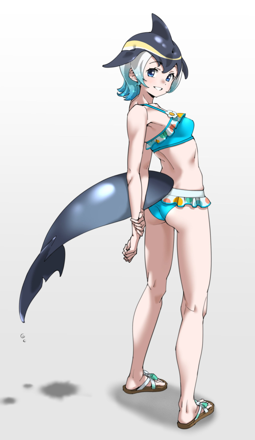 1girl absurdres bare_arms bare_legs bare_shoulders bikini black_hair blonde_hair blowhole blue_bikini blue_eyes blue_hair blush cetacean_tail common_dolphin_(kemono_friends) dolphin_girl dorsal_fin fins fish_tail frilled_bikini frills highres kemono_friends looking_at_viewer midriff multicolored_hair sandals short_hair smile solo swimsuit tail tanabe_(fueisei) water white_hair