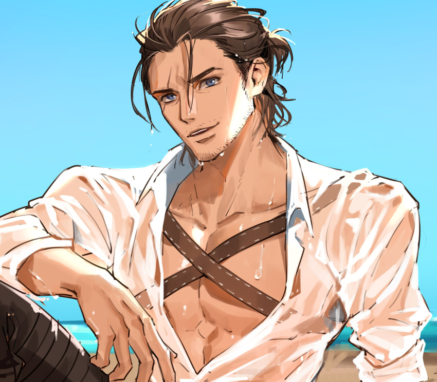 1boy absurdres adventurer_(ff14) armor bara black_hair facial_hair final_fantasy final_fantasy_xiv highres hyur looking_at_viewer male_focus mature_male muscular muscular_male scar shirt smile stubble tk_(tksnim) upper_body warrior_of_light_(ff14)