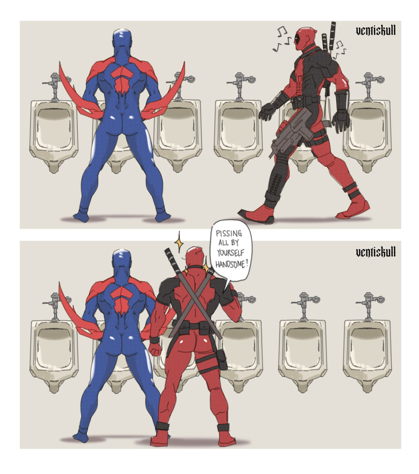 2boys artist_name ass back blue_bodysuit bodysuit deadpool dilfborne_(ventiskull) english_text gun highres large_pectorals male_focus marvel mask miguel_o'hara multiple_boys muscular muscular_male musical_note pectorals red_bodysuit spider-man:_across_the_spider-verse spider-man_(2099) spider-man_(series) two-tone_bodysuit weapon weapon_on_back