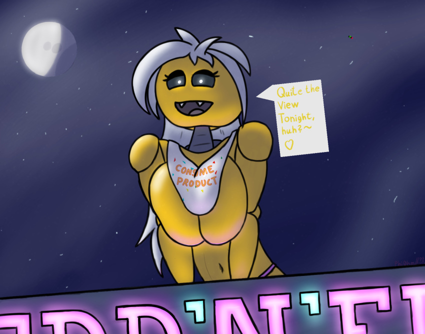 animatronic avian bib big_breasts bird breasts chicken clothed clothing digital_media_(artwork) female five_nights_at_freddy's five_nights_at_freddy's_2 galliform gallus_(genus) glowing glowing_eyes hair hi_res humanoid looking_at_viewer machine moon open_mouth panties phasianid phil_sux pink_clothing pink_panties pink_underwear robot robot_humanoid scottgames sky smile solo star starry_sky toy_chica_(fnaf) underwear yellow_body