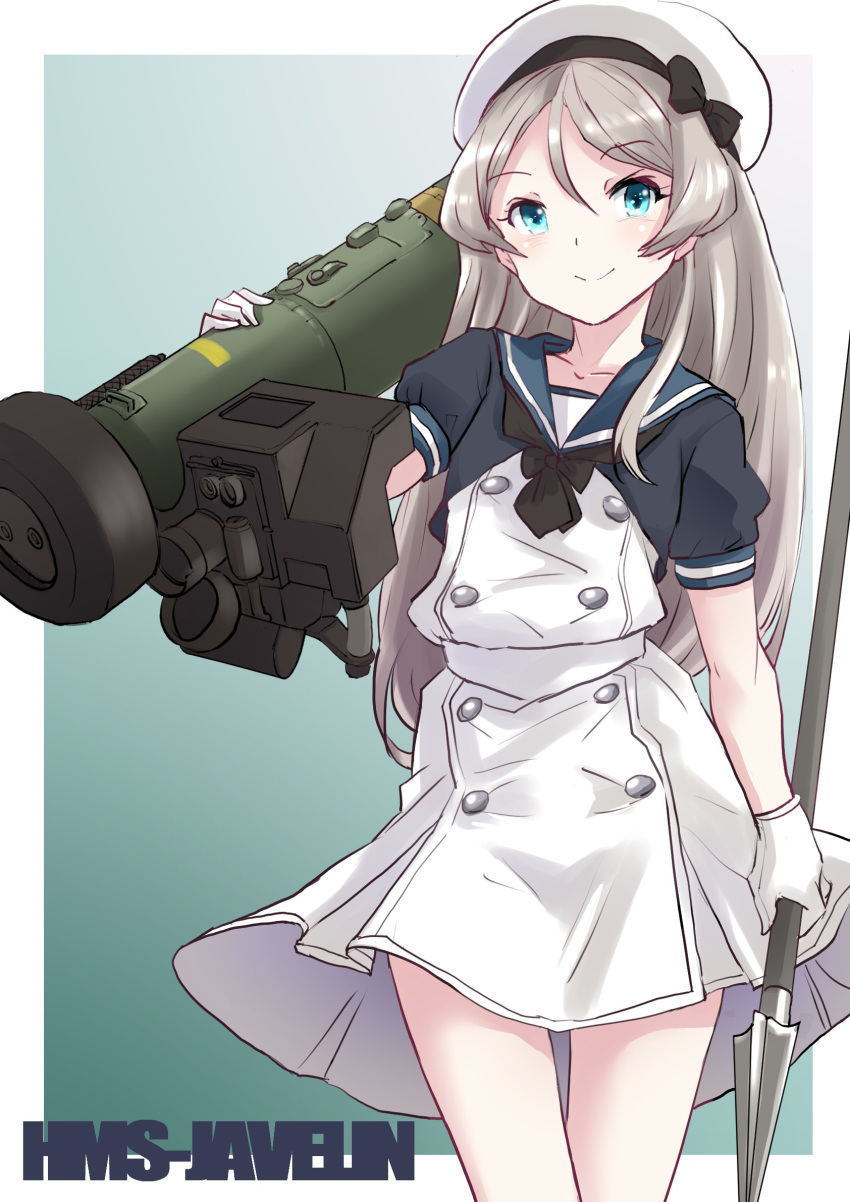 1girl black_neckerchief blue_eyes blue_sailor_collar character_name commission dress fgm-148_javelin fuji_(pixiv24804665) gloves grey_hair hair_between_eyes hat highres holding holding_polearm holding_weapon javelin_(kancolle) javelin_(spear) kantai_collection long_hair looking_at_viewer name_connection neckerchief object_namesake polearm rocket_launcher sailor_collar sailor_dress sailor_hat skeb_commission smile solo weapon white_dress white_gloves white_headwear