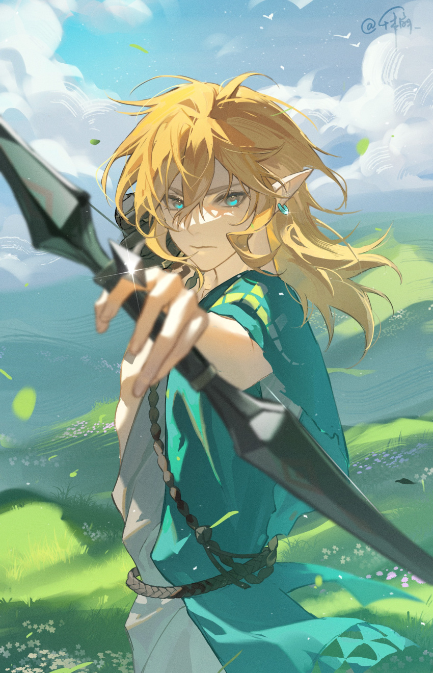 1boy absurdres aiming_at_viewer archaic_set_(zelda) arrow_(projectile) bird blonde_hair blue_eyes blurry bow_(weapon) cloud day depth_of_field drawing_bow earrings floating_clothes floating_hair glint grass hair_between_eyes highres holding holding_bow_(weapon) holding_weapon incoming_attack jewelry link looking_at_viewer male_focus meadow medium_hair outdoors outstretched_arm pointy_ears qianben_shan sky solo the_legend_of_zelda the_legend_of_zelda:_tears_of_the_kingdom upper_body weapon wind