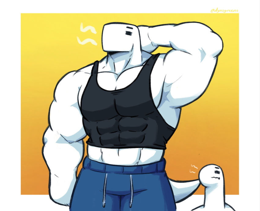 ambiguous_gender anthro black_clothing blue_clothing clothing dark_clothing dinosaur duo dyno_(dynogreeno) dynogreeno hi_res largo_(dynogreeno) male muscular muscular_anthro muscular_male reptile scalie shirt tail tank_top topwear