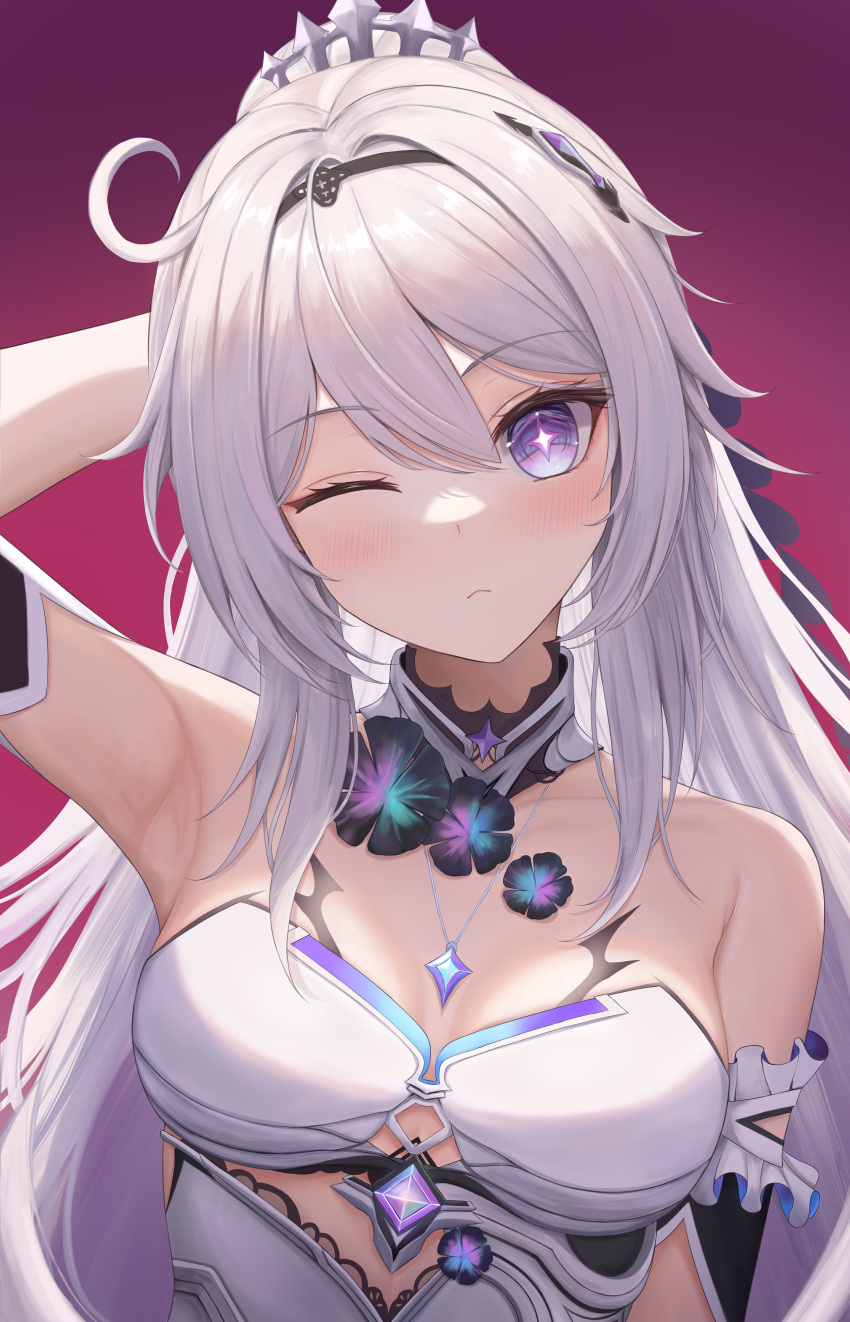 +_+ 1girl absurdres arm_up armpits bare_shoulders black_hairband blush cc_lin choker commentary_request hair_between_eyes hairband highres honkai_(series) honkai_impact_3rd kiana_kaslana kiana_kaslana_(herrscher_of_finality) long_hair one_eye_closed purple_eyes purple_hair revision solo upper_body very_long_hair white_choker white_hair