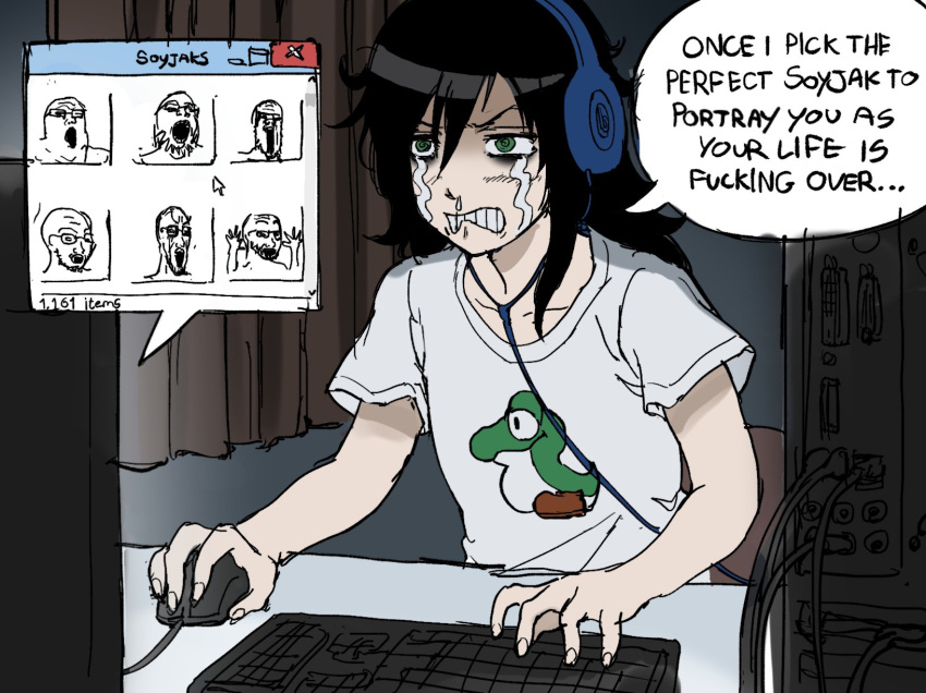 1girl angry black_hair clenched_teeth computer english_text giganticbuddha green_eyes headphones highres keyboard_(computer) kuroki_tomoko meme monitor mouse_(computer) shirt soyjak_(meme) t-shirt tears teeth upper_body watashi_ga_motenai_no_wa_dou_kangaetemo_omaera_ga_warui! white_shirt wojak yoshi