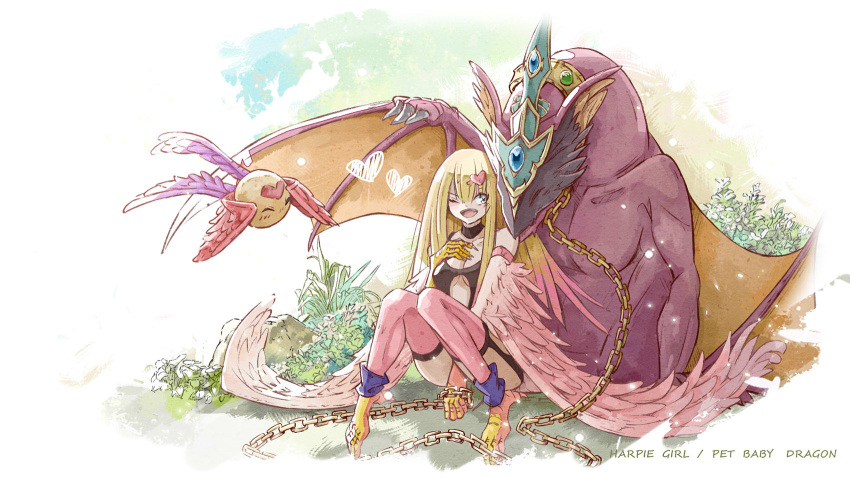1girl barefoot blonde_hair blue_eyes blush breasts chain character_name cleavage dragon duel_monster full_body hair_ornament hand_on_own_chest happy_lover harpie's_pet_baby_dragon harpie_girl_(yu-gi-oh!) harpy heart heart_hair_ornament highres holding holding_chain long_hair monster_girl one_eye_closed sitting tamago_(xyxk3743) thighhighs winged_arms wings yu-gi-oh!