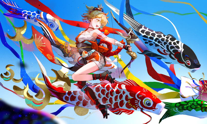 1girl absurdres arm_tattoo bandaged_leg bandages blonde_hair bow_(weapon) breasts chest_sarashi chest_tattoo choker flower_tattoo genshin_impact hadanugi_dousa highres holding holding_bow_(weapon) holding_weapon japanese_clothes kimono koinobori medium_breasts miermere orange_kimono red_choker sarashi solo tattoo weapon windsock yellow_eyes yoimiya_(genshin_impact)