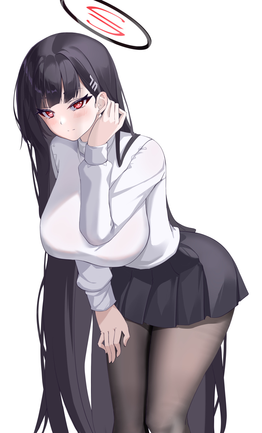 1girl absurdres black_hair black_pantyhose black_skirt blue_archive blush breasts closed_mouth feet_out_of_frame hair_ornament hairpin halo highres kaijiba large_breasts long_hair long_sleeves pantyhose pleated_skirt red_eyes rio_(blue_archive) simple_background skirt solo sweater turtleneck turtleneck_sweater white_background white_sweater