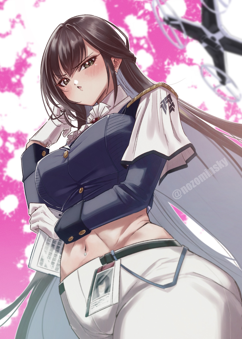 1girl absurdres ascot brown_eyes brown_hair drone gloves goddess_of_victory:_nikke highres id_card long_hair looking_at_viewer marciana_(nikke) midriff_peek military_uniform navel_piercing pants piercing playing_with_own_hair pomita solo tablet_pc teacher tight_clothes tight_pants uniform very_long_hair white_gloves white_pants