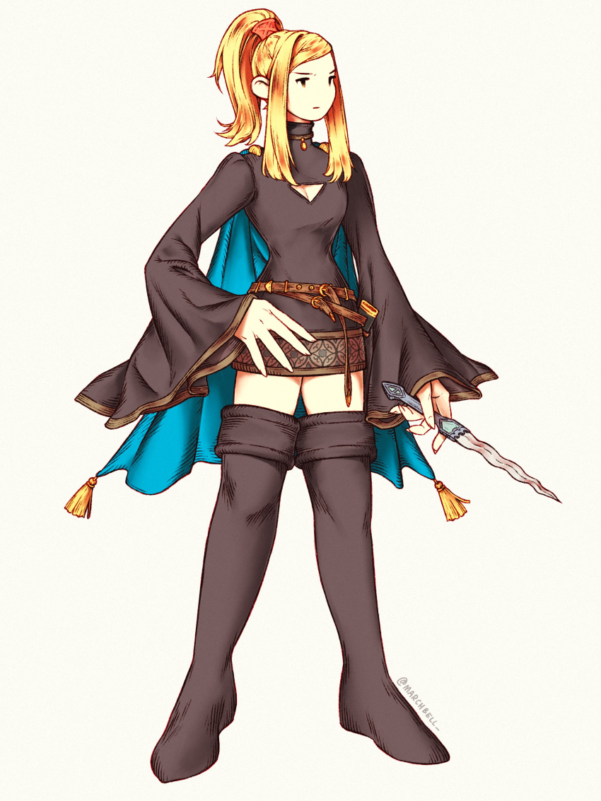 1girl absurdres belt blonde_hair blue_cape boots breasts cape cleavage dagger final_fantasy final_fantasy_tactics hair_ornament hand_on_own_hip highres holding holding_weapon knife marchbell medium_breasts medium_hair ponytail solo twitter_username valmafra_lenande weapon