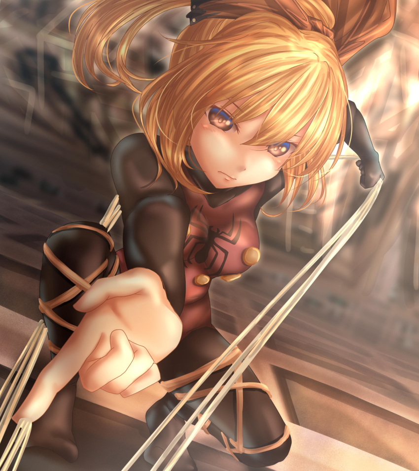 1girl blonde_hair blurry blurry_background bodysuit bow breasts brown_gloves city cityscape clip_studio_paint_(medium) closed_mouth gloves hair_bow highres kurodani_yamame long_hair looking_at_viewer marvel orange_bodysuit orange_bow orange_eyes outdoors ponytail shounen_(hogehoge) single_glove skin_tight solo spider-man spider-man_(series) touhou